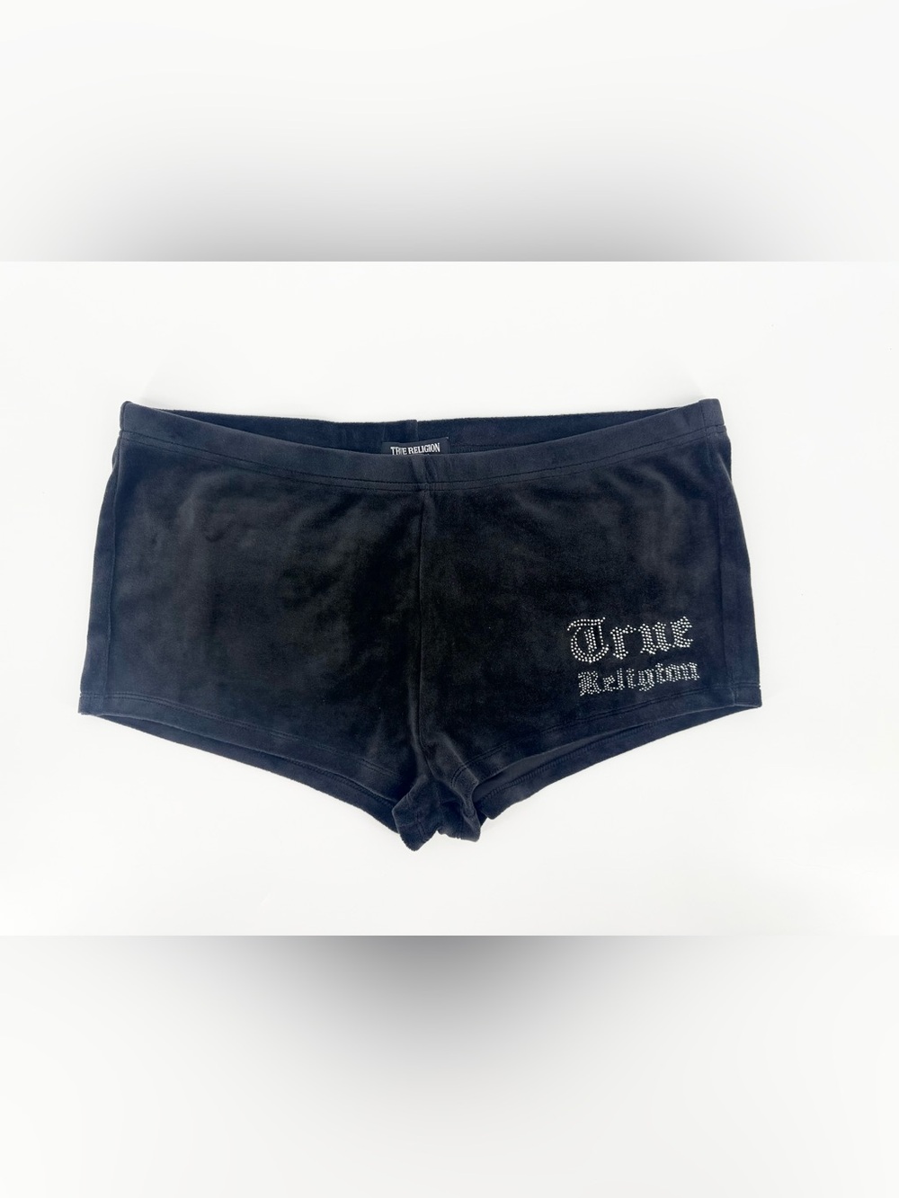 NWOT True Religion Black Velour Rhinestone Logo Y2K Short Shorts Size L